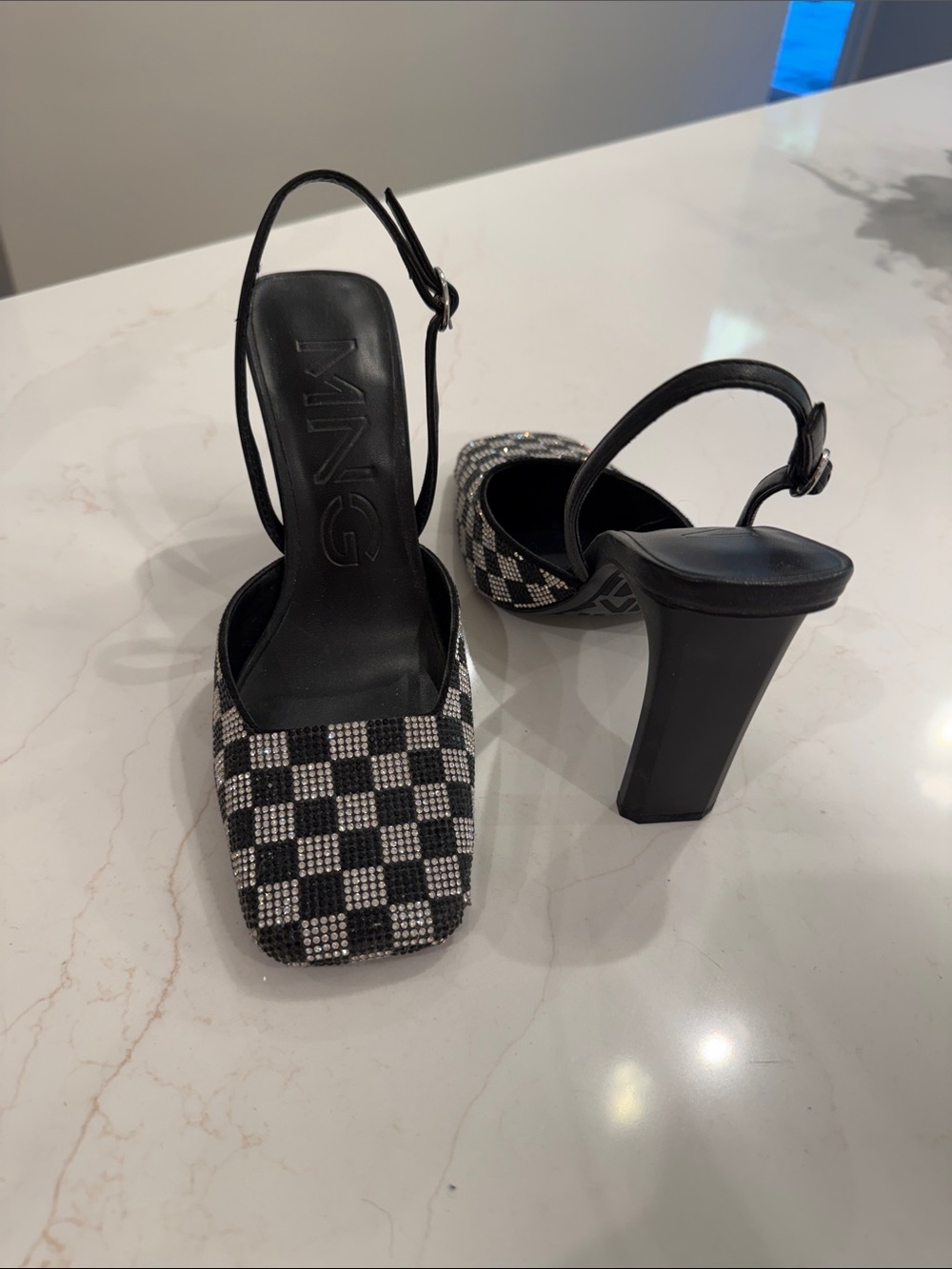 Mango Black & White Checkered Slingback Block Heels
